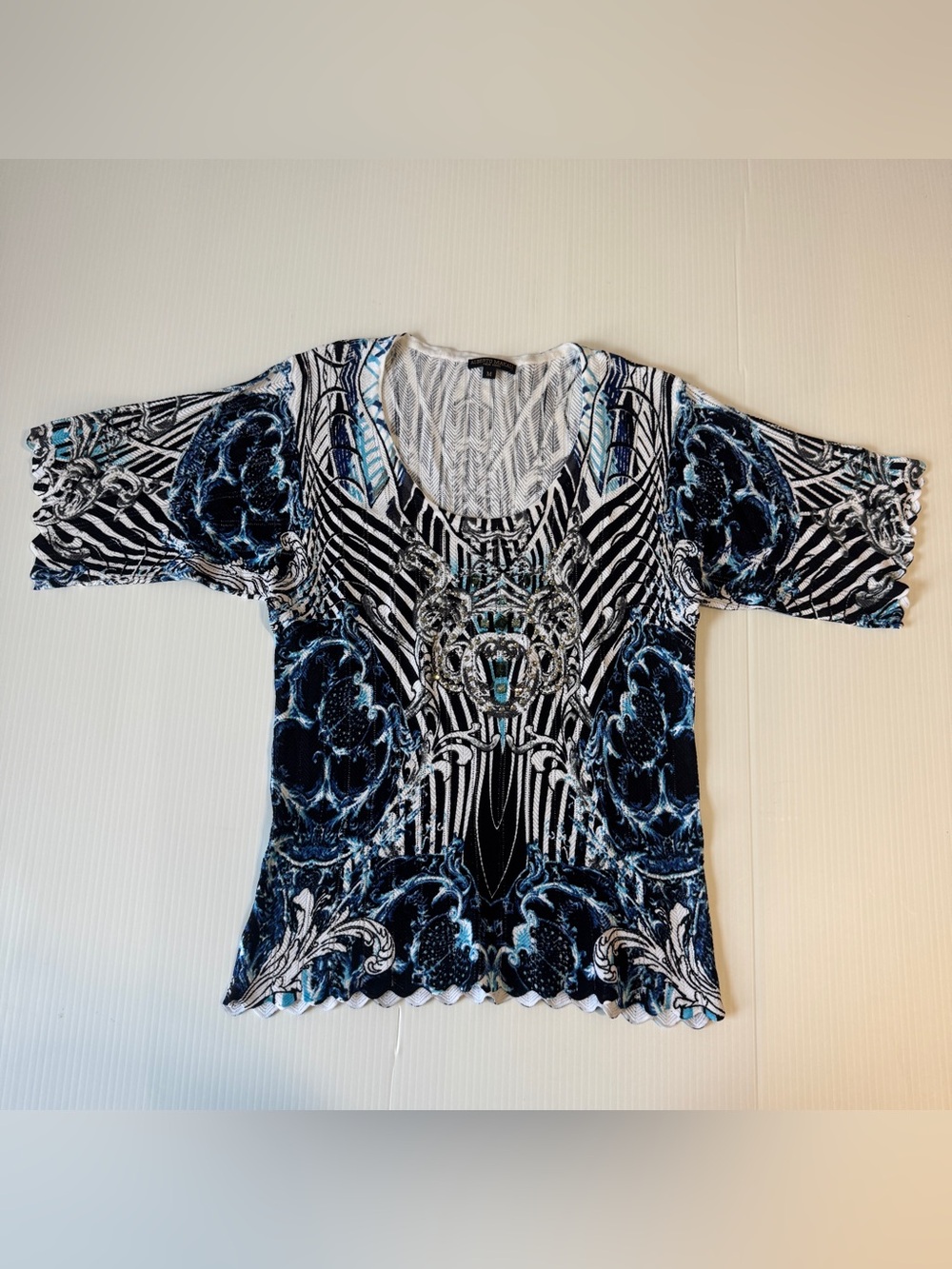 Alberto Makali Blue Skull Gothic Zebra Embellished Y2K Mesh Stretch Top M